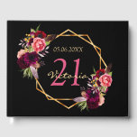 21st birthday party burgundy florals geometric guest book<br><div class="desc">A Guest Book for a 21st birthday party. A chic black background with a faux gold geometric frame. Decorated with dark purple and burgundy flowers, roses and boho style feathers. Templates for a name, age 21 and a date. Date of birth or the date of the party. The name is...</div>
