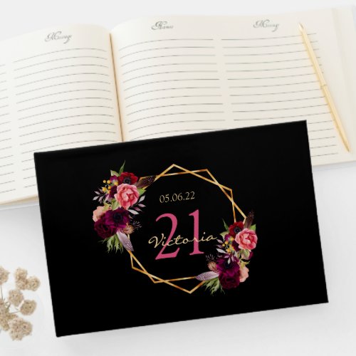 21st birthday party burgundy florals geometric guest book