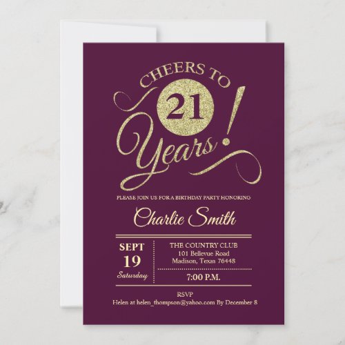 21st Birthday Party _ Burgundy Gold Invitation