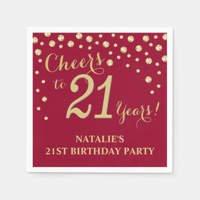 21st Birthday Party Burgundy Red and Gold Diamond Napkins (Front)
