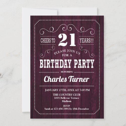 21st Birthday Party _ Burgundy Wood Pattern Invitation