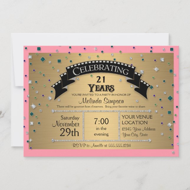 21st Birthday Party Celebrate Faux Jewel Confetti Invitation (Front)
