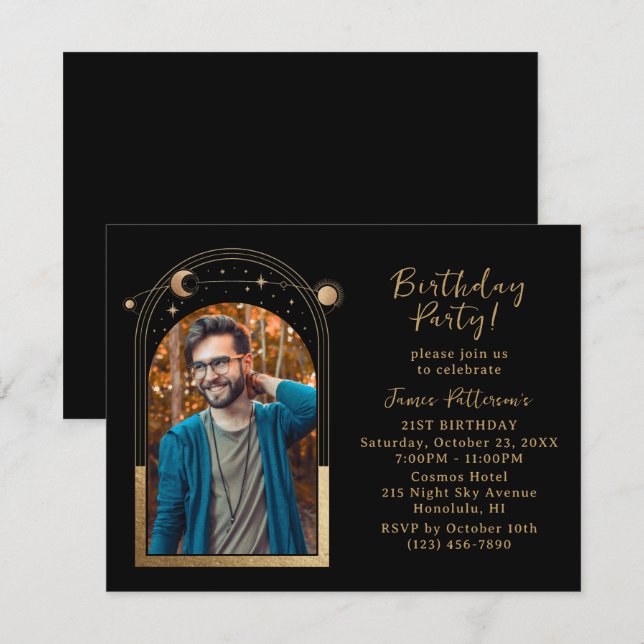 21st Birthday Party Celestial Photo Black Gold Invitation (Front/Back)