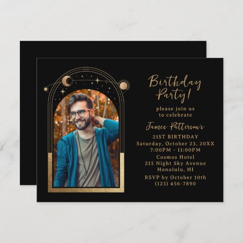 21st Birthday Party Celestial Photo Black Gold Invitation