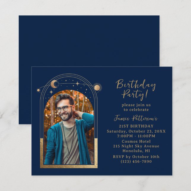 21st Birthday Party Celestial Photo Blue Gold Moon Invitation (Front/Back)