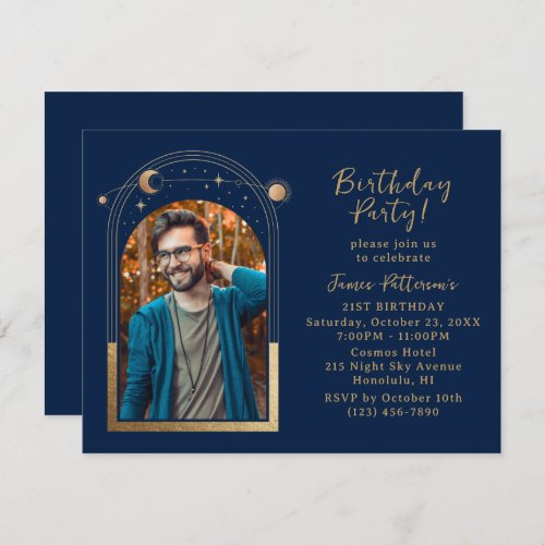 21st Birthday Party Celestial Photo Blue Gold Moon Invitation