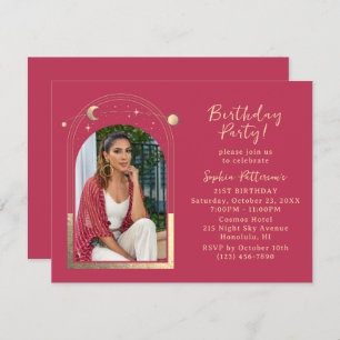 21st Birthday Party Celestial Photo Magenta Gold Invitation