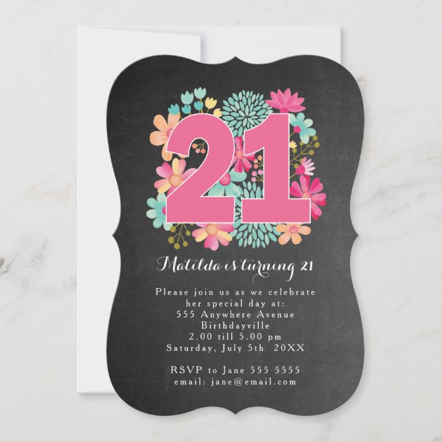 21st Birthday Party Chalkboard Painted Floral Invitation (Front)