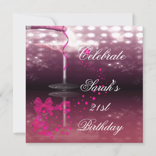 21st Birthday Party Champagne Glass Bow Invitation