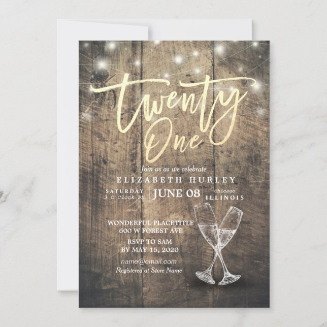 21st Birthday Party Champagne Glasses Wood Lights Invitation (Front)