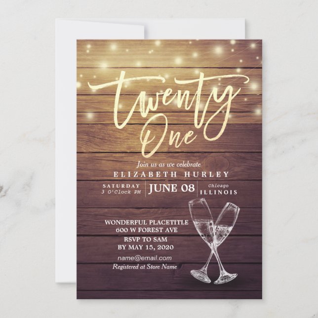 21st Birthday Party Champagne Glasses Wood Lights Invitation (Front)
