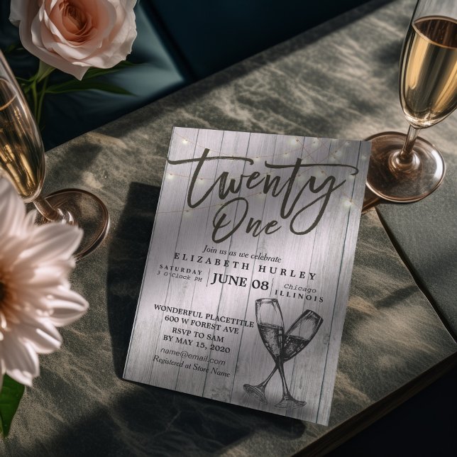 21st Birthday Party Champagne Glasses Wood Lights Invitation (Creator Uploaded)