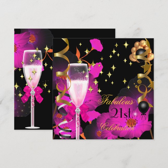 21st Birthday Party Champagne Gold Pin Celebration Invitation (Front/Back)