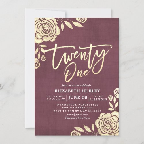 21st Birthday Party Chic Gold Flowers Burgundy Red Invitation
