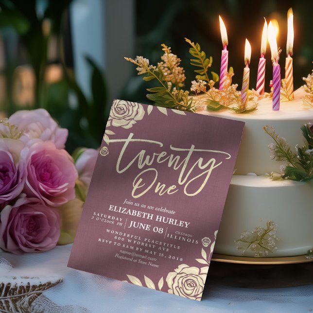 21st Birthday Party Chic Gold Flowers Burgundy Red Invitation (Creator Uploaded)