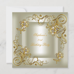 21st Birthday Party Cream Gold Diamond Invitation