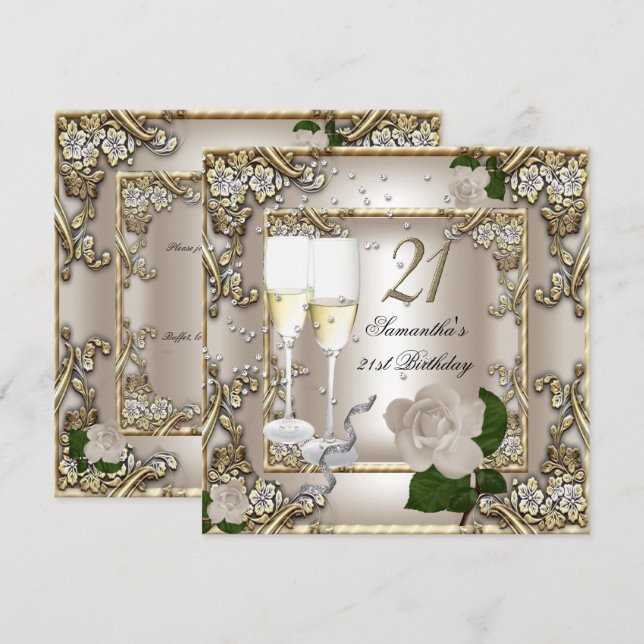 21st Birthday Party Cream Gold Rose Silver Invitation (Front/Back)