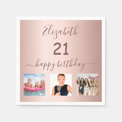 21st birthday party custom photo rose gold pink napkins