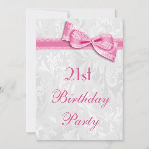 21st Birthday Party Damask and Pink Faux Bow Invitation