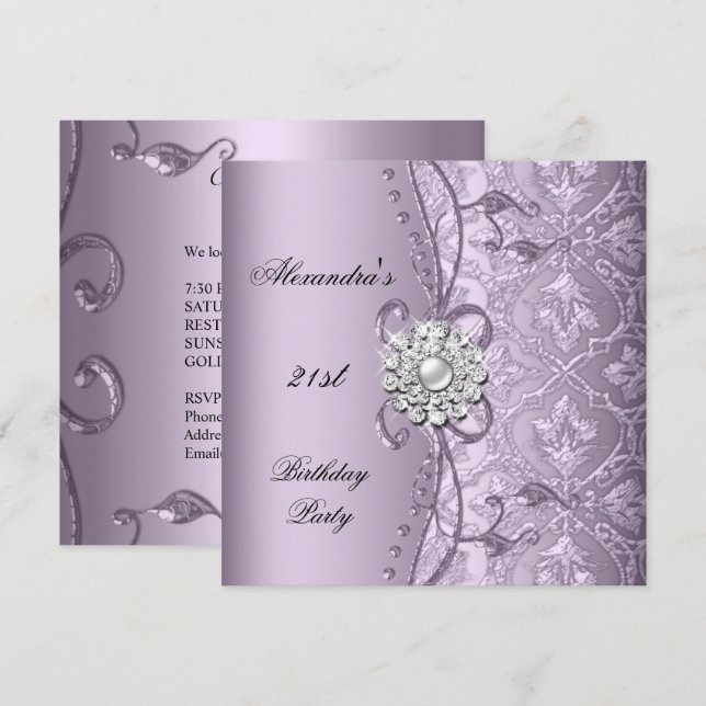 21st Birthday Party Damask Lilac Jewel Image Invitation (Front/Back)