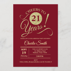21st Birthday Party - Dark Red Gold Invitation