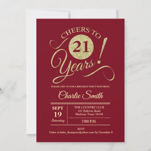 21st Birthday Party _ Dark Red Gold Invitation