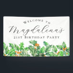 21st Birthday Party December Birth Flower Welcome Banner<br><div class="desc">Elegant winter watercolor green holly sprigs create a beautiful holiday greenery border at the bottom of this birthday party welcome banner,  green holly is the December birth flower. A trendy font combination gives it a modern vibe. All of the text is editable.</div>