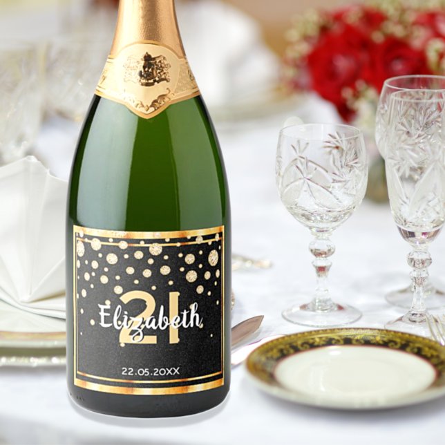 21st birthday party diamonds glitter black gold sparkling wine label (Creator Uploaded)