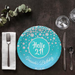 21st birthday party diamonds teal blue glitter paper plates<br><div class="desc">An elegant and glamorous paper plate for a 21st birthday party for a girl. A chic teal, green and light blue ombre faux glitter colored background. A teal colored circle with modern hand lettered style text: Hello 21! Faux diamonds as decoration. Template for a name and a date, curved text....</div>