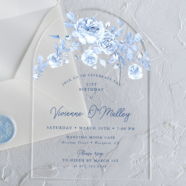 21st Birthday Party Dusty Blue Rose Floral Arch Acrylic Invitations (Creator Uploaded)