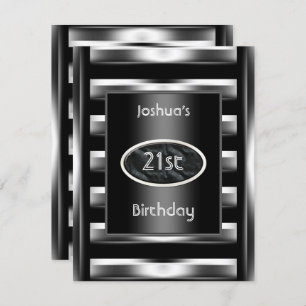 21st Birthday Party Elegant Black Metal Men 3 Invitation