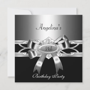 21st Birthday Party Elegant Black Silver Metal Bow Invitation