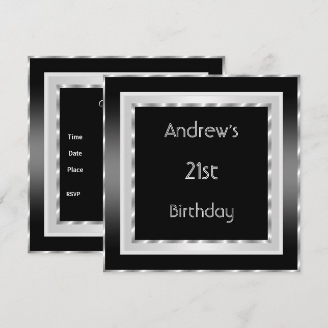 21st Birthday Party Elegant Black white Silver Men Invitation (Front/Back)