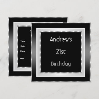 21st Birthday Party Elegant Black white Silver Men Invitation