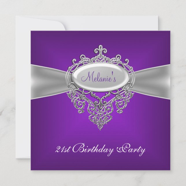 21st Birthday Party Elegant Purple Silver Invitation (Front)