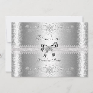 21st Birthday Party Elegant Silver White Floral Invitation