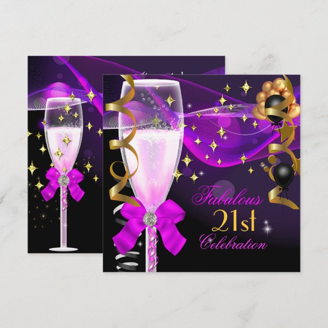21st Birthday Party Fabulous Pink Purple Champagne Invitation (Front/Back)