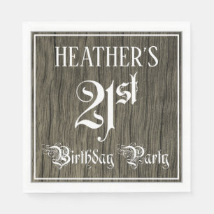 21st Birthday Party — Fancy Script, Faux Wood Look Napkins
