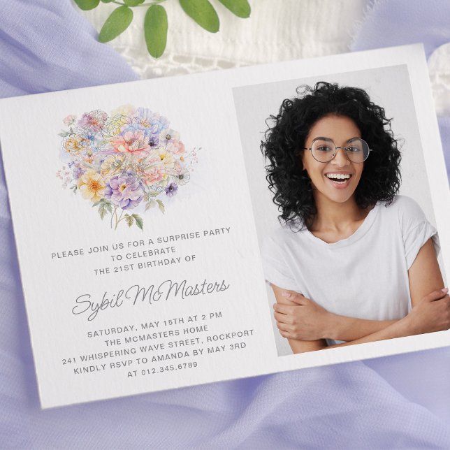 21st Birthday Party Flower Bouquet Photo Surprise Invitation (Creator Uploaded)