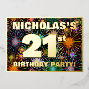 21st Birthday Party — Fun, Colorful Fireworks Look Foil Invitation