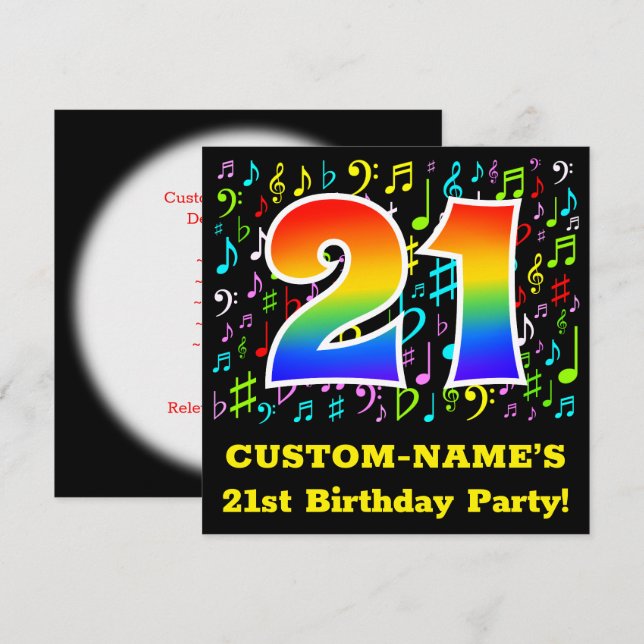 21st Birthday Party: Fun Music Symbols, Rainbow 21 Invitation (Front/Back)