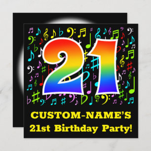 21st Birthday Party: Fun Music Symbols, Rainbow 21 Invitation
