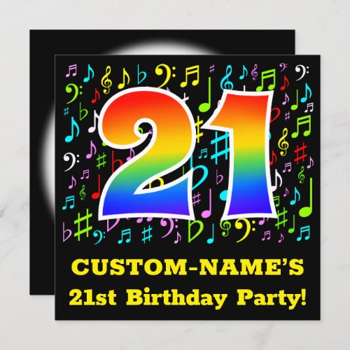 21st Birthday Party Fun Music Symbols Rainbow 21 Invitation