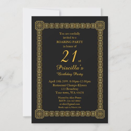 21stBirthday PartyGastby StyleBlack Gold v3a Invitation