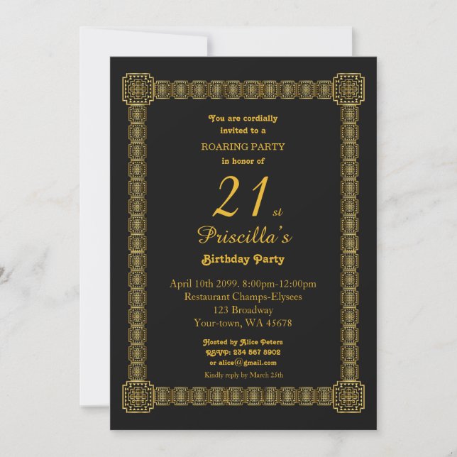 21st,Birthday Party,Gastby Style, Black & Gold v3b Invitation (Front)