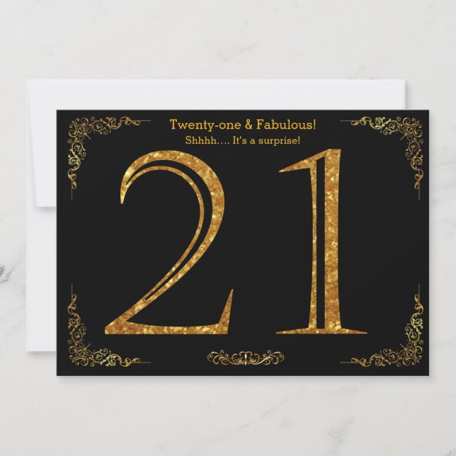 21st Birthday party,Gatsby styl,black gold glitter Invitation (Front)