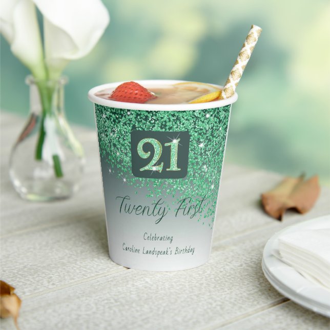 21st Birthday Party Gleaming Green Glitter Paper Cups (Insitu)