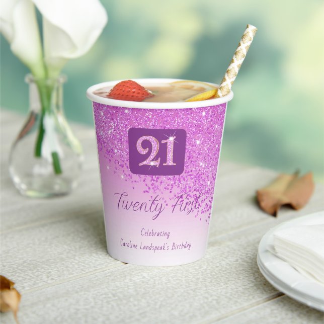 21st Birthday Party Gleaming Pink Glitter Paper Cups (Insitu)