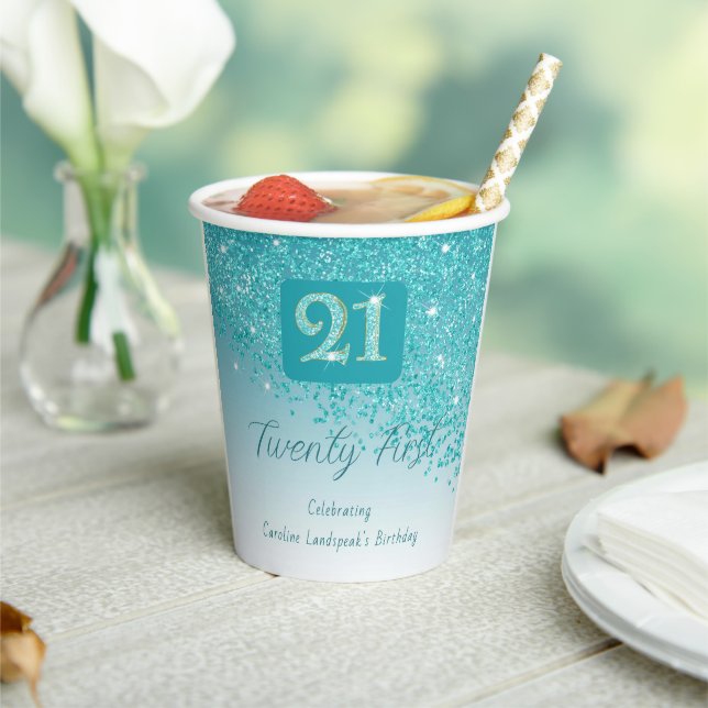21st Birthday Party Gleaming Teal Blue Glitter Paper Cups (Insitu)