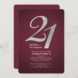 21st Birthday Party Glitter Burgundy Modern Invitation